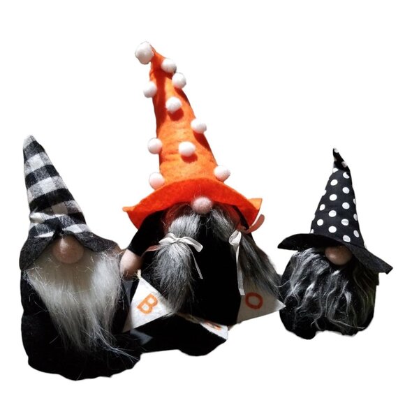 Halloween Gnomes With Polka Dot & Plaid Witch Hats Boo Banner Set of 3 - Picture 1 of 13